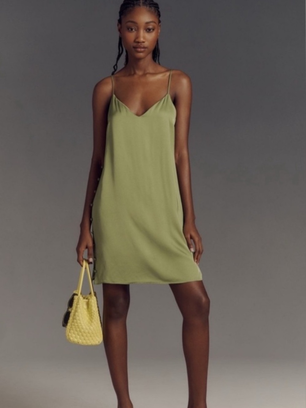 Anthropologie Chartreuse Satin V-Neck Mini Slip Dress - Picture 3 of 7